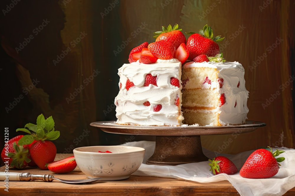Aufkleber a cake with a slice cut out of it and strawberries on the side. generative ai