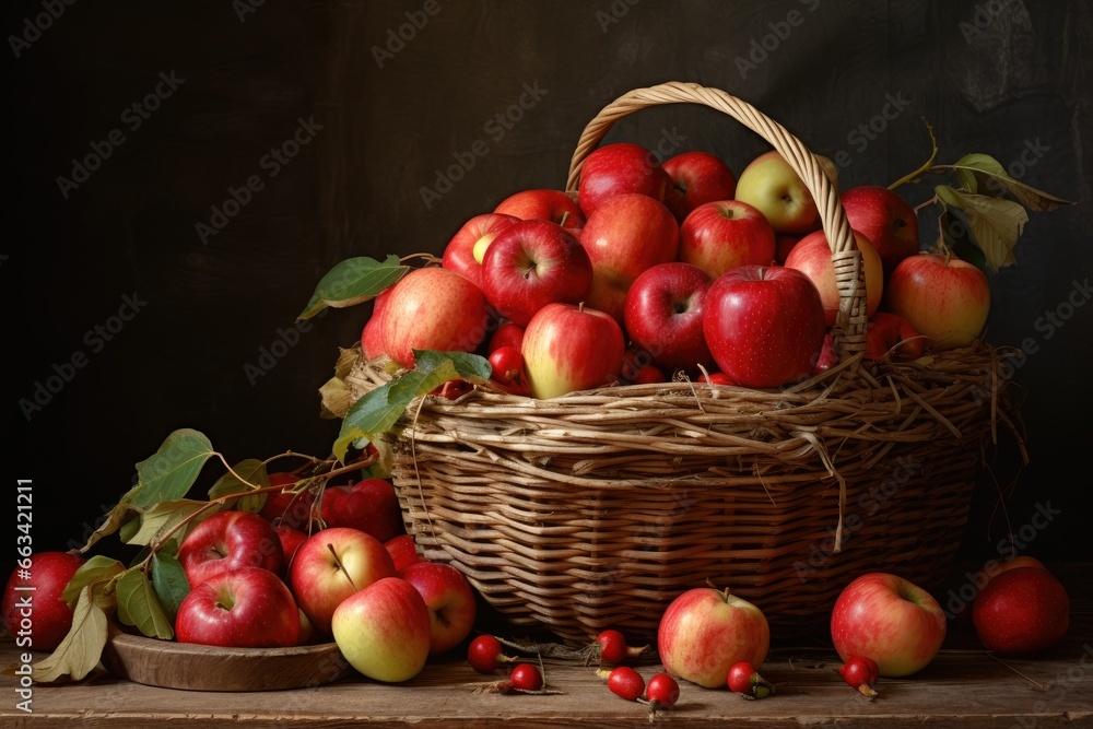 Poster a wicker basket filled with red apples on a table. generative ai