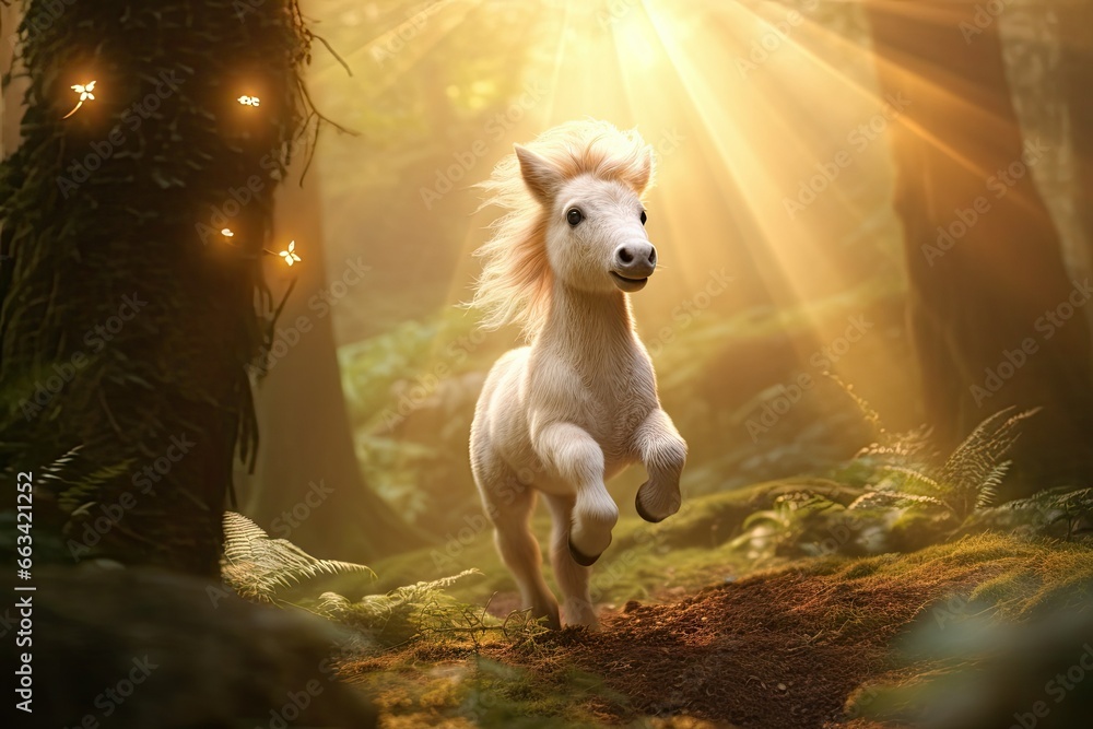 Poster a white horse running through a forest with a light shining through the trees. generative ai