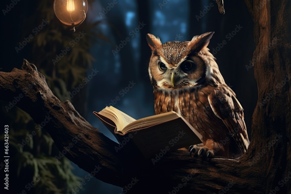 Aufkleber an owl sitting on a tree branch with a book in its paws. generative ai