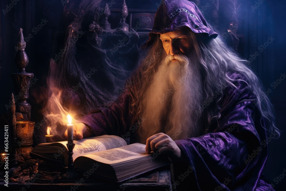 Poster a wizard reading a book with a candle in front of him. generative ai