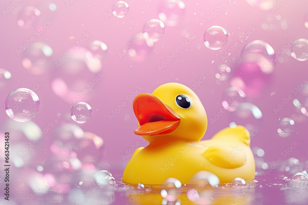 Poster a yellow rubber duck floating in a pool of water with bubbles. generative ai