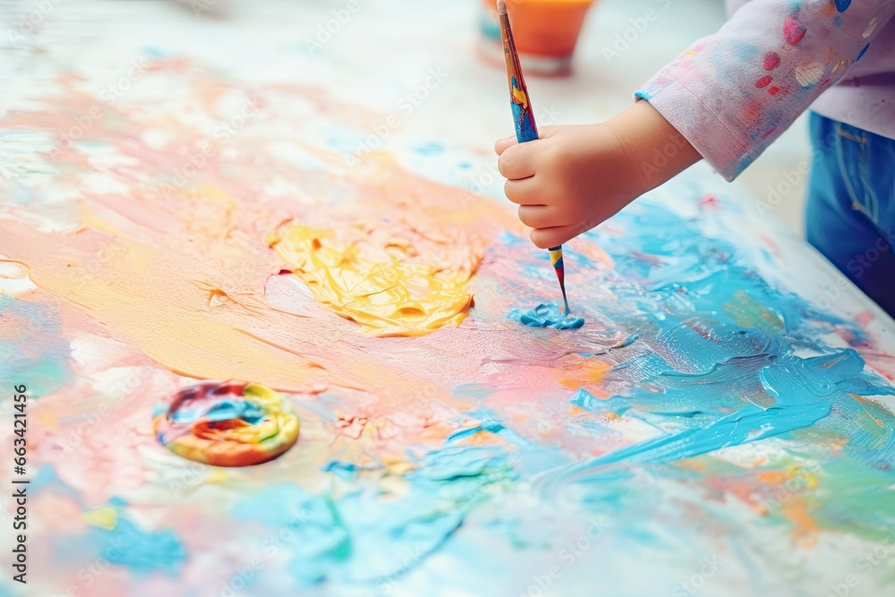 Poster a child is painting on a canvas with a paintbrush. generative ai