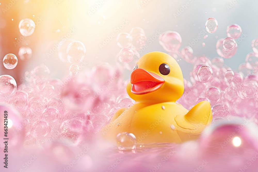 Poster a yellow rubber duck floating in a bubble filled pool of water. generative ai
