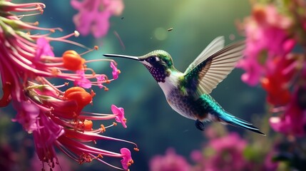 Fototapeta premium Tiny Hummingbird Hovering Over a Vibrant Fuchsia Flower