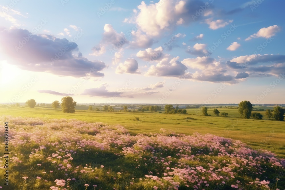 Poster a field with flowers and trees in the distance and a blue sky with clouds. generative ai