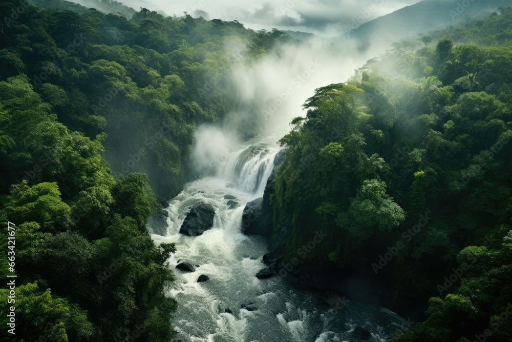 Poster a large waterfall surrounded by lush green trees in the middle of a forest. generative ai
