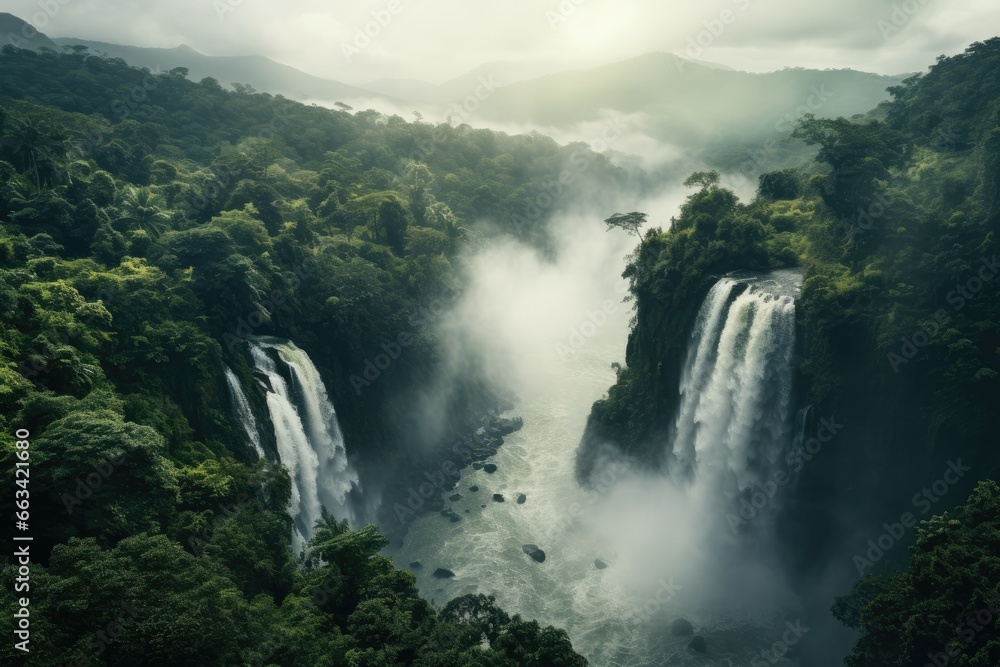 Poster a large waterfall in the middle of a forest filled with trees. generative ai