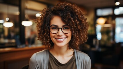 A beautiful woman with curly hair in the office working