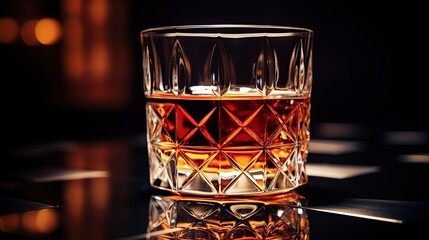 Glass of whiskey with ice cubes isolated on black background. AI generated image