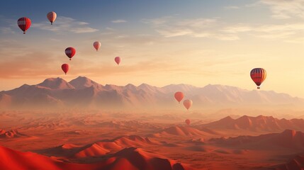 Colorful hot air balloons flying over desert. AI generated image