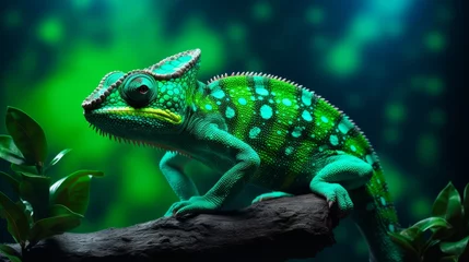 Gordijnen Vibrant Chameleon Blending into Neon Green Background © mattegg