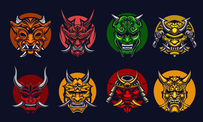 Obraz premium Ronin Logo. Samurai Logo. Onimask Logo Bundle Set Japanese Hanya mask Vector illustration.