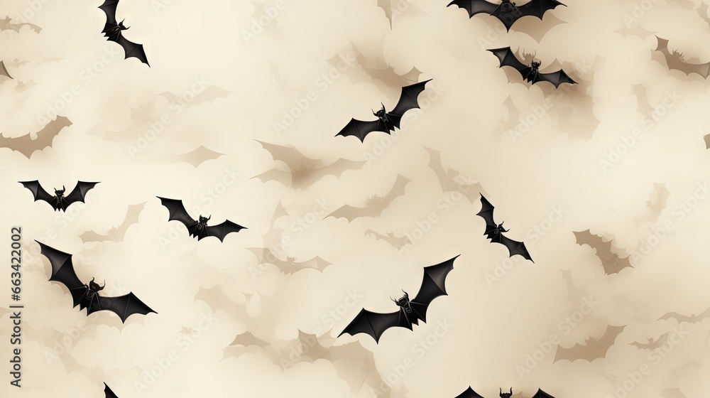 Poster a group of bats flying through the air with white clouds in the backgroung of the image and a black 