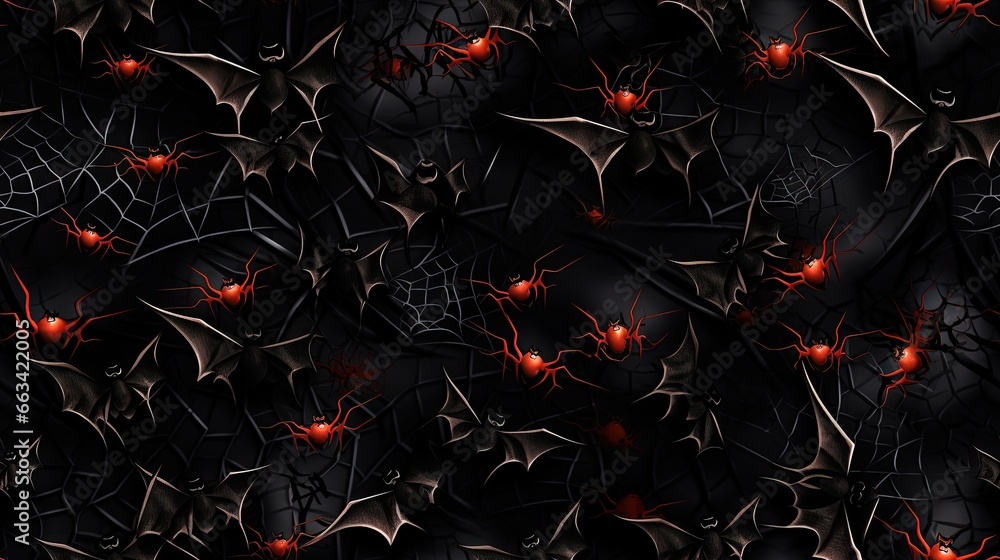 Poster a black background with red and black spider webs and red glowing balls of blood on the surface of t