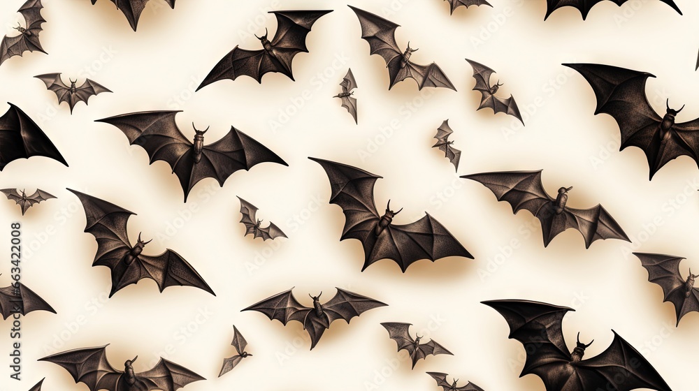 Poster a group of black bats flying in the air together in a pattern on a white background with a shadow of