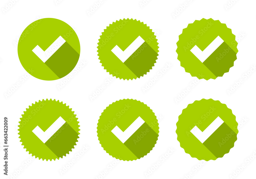 Poster checkmark badge icon vector set collection in flat style. check mark, tick sign symbol