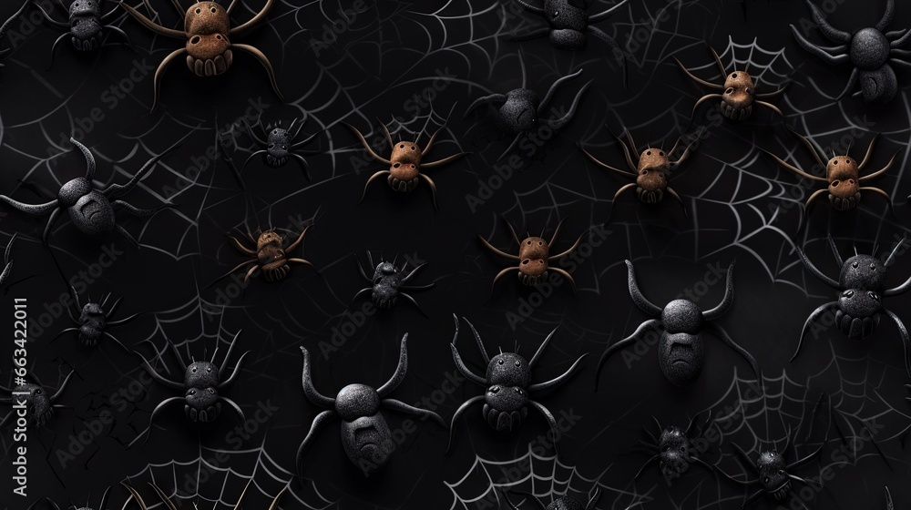 Poster a group of black and brown spider's on a black background with a spider's web pattern on the bottom 