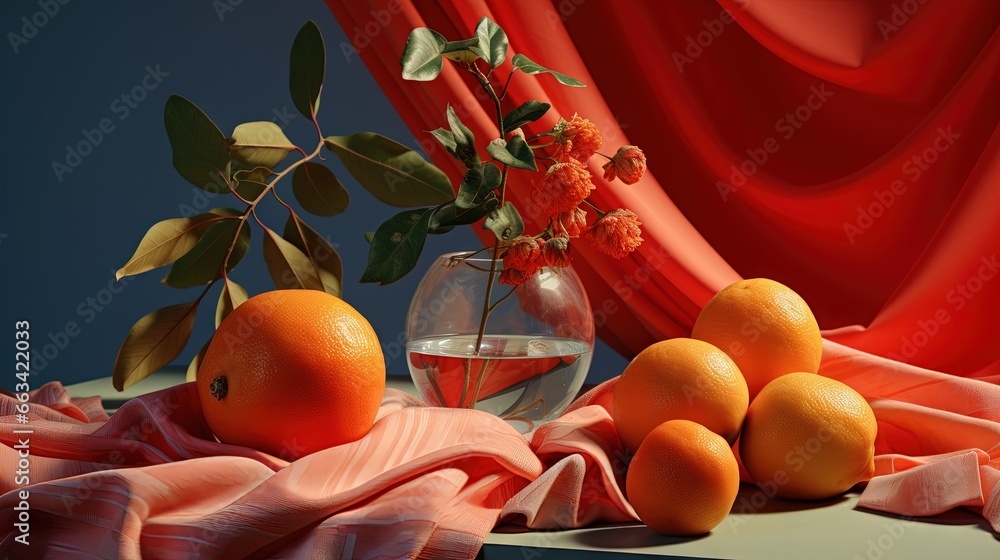 Poster a vase of oranges and a few oranges on a table with a red drapes and a vase of flowers in the backgr