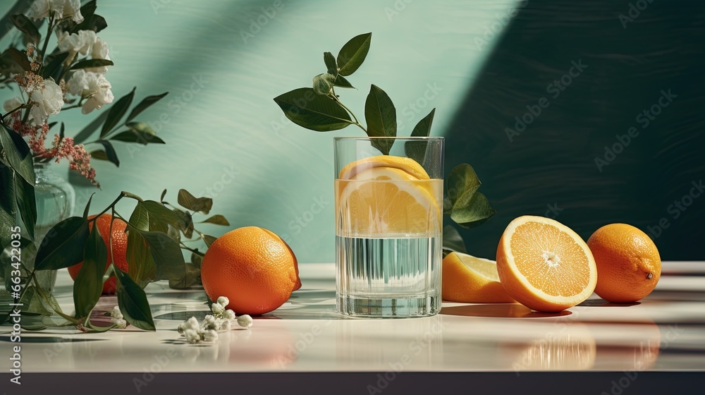 Poster a glass of water with oranges and flowers in the background and a vase with flowers in the foregroun