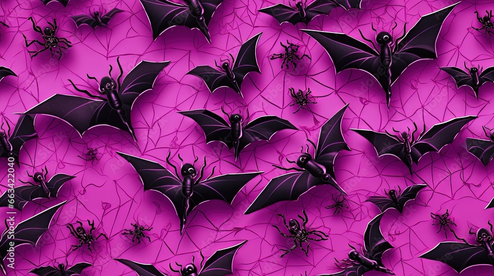 Poster a bunch of bats that are on a purple surface with a spider crawling on it's back and a bug crawling 