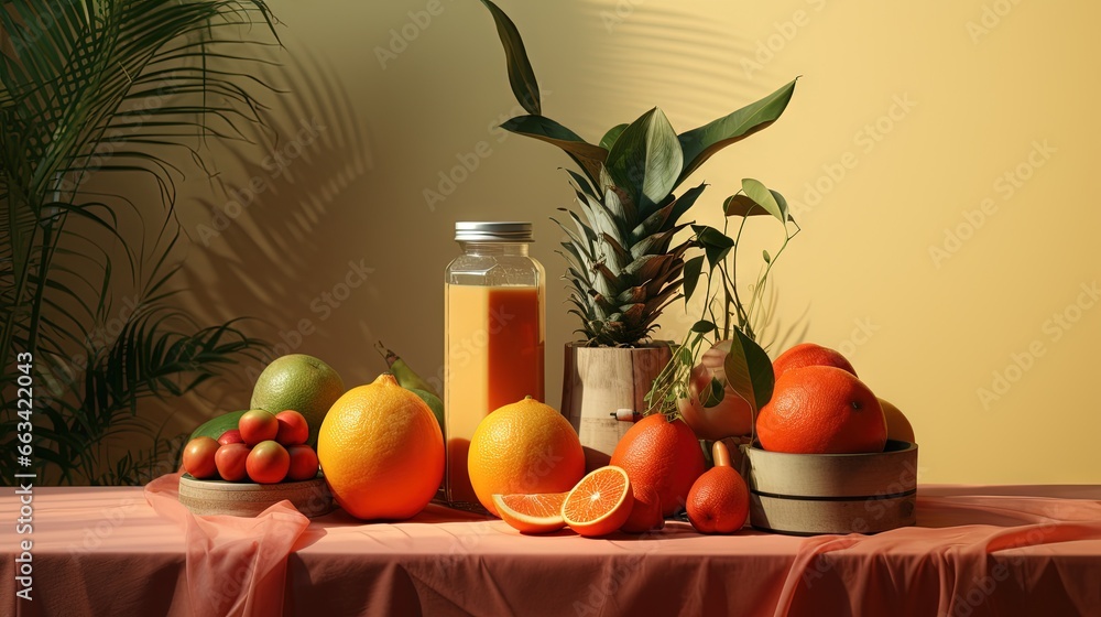 Aufkleber a table topped with oranges and other fruits next to a jar of orange juice and a pineapple on top of