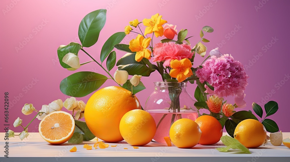 Aufkleber a vase filled with flowers and oranges next to a bunch of flowers and oranges on a table with a pink