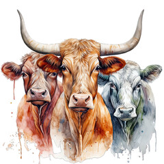 Three Cute Texas Longhorn Cow Watercolor Png Graphic