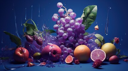  a bunch of fruit that is on a table with a blue background and a blue background with a blue background and a blue background with a bunch of grapes and oranges.  generative ai
