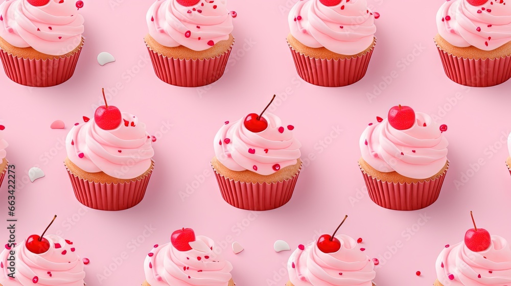 Aufkleber cupcakes with white frosting and a cherry on top of them on a pink surface with hearts and sprinkles