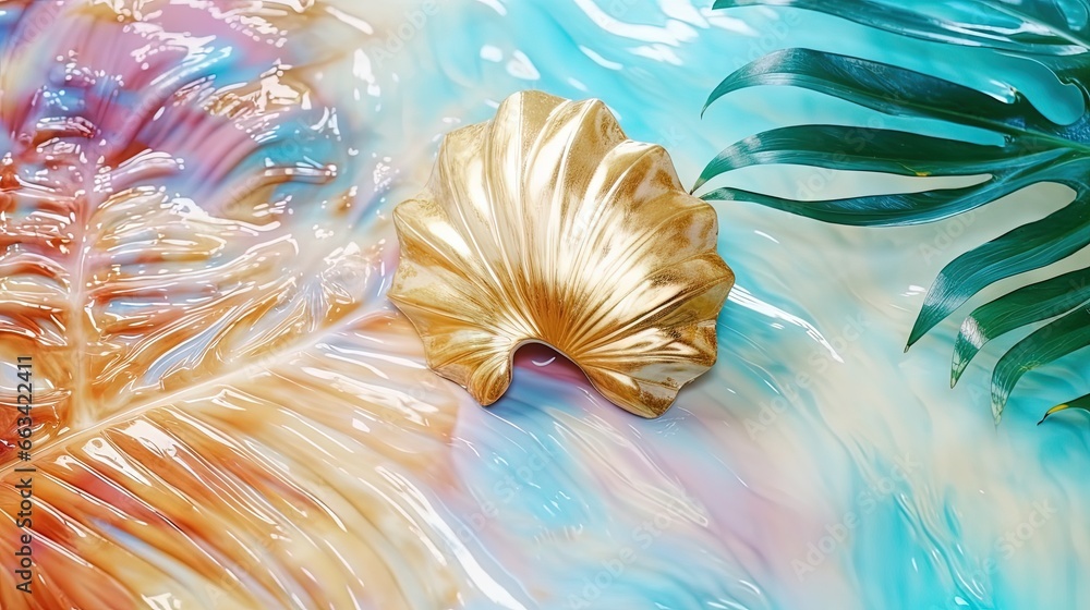 Poster a close up of a gold leaf on a blue and pink background with a green leaf on the left side of the im