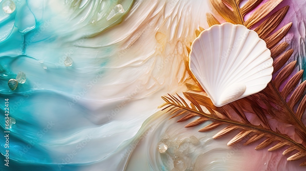 Poster a close up of a sea shell and a palm leaf on a multicolored background with water droplets and gold 