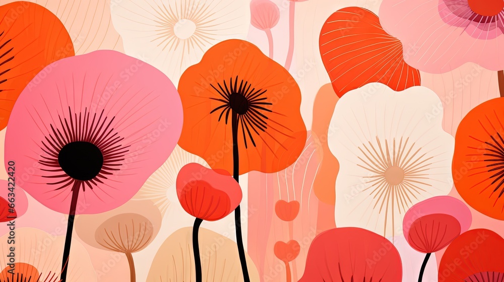 Poster a painting of flowers and hearts on a pink and orange background with a black circle at the center o