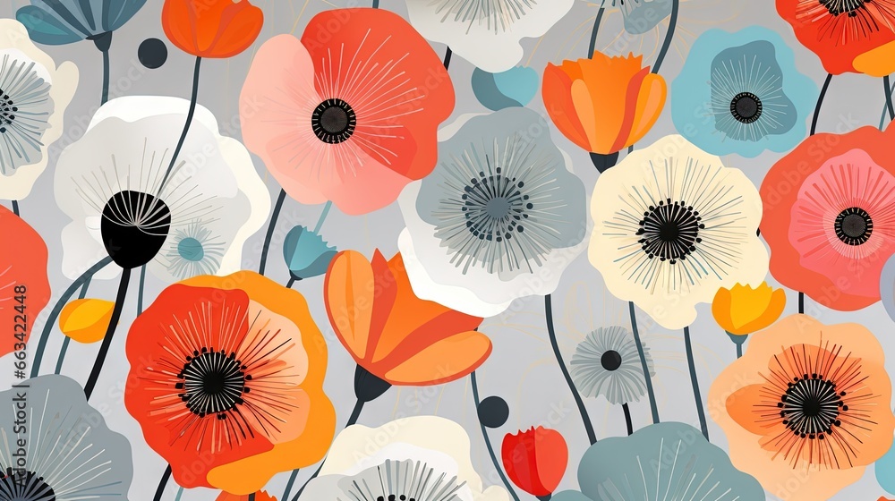 Poster an image of a flower pattern on a wallpaper background that looks like poppies and daisies on a gray