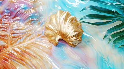  a close up of a gold leaf on a blue and pink background with a green leaf on the left side of the image and a gold leaf on the right side of the image.  generative ai
