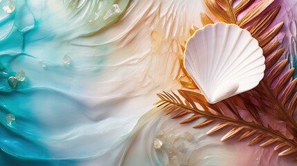  a close up of a sea shell and a palm leaf on a multicolored background with water droplets and gold leaf accents on the bottom of the shell.  generative ai