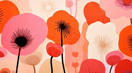  a painting of flowers and hearts on a pink and orange background with a black circle at the center of the image and a heart at the bottom of the image.  generative ai