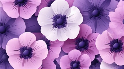  a bunch of purple and white flowers with a black center on a purple and white background with a black center on the center of the flowers.  generative ai