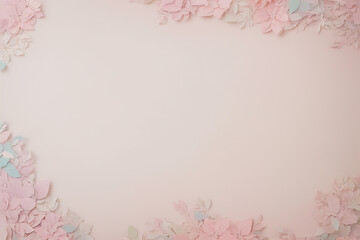 Fototapeta na wymiar Pink paper flowers on pastel pink background. Place for text.