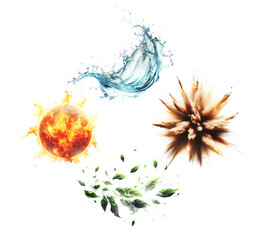 Earth, water, air, fire. Four elements of nature. 4 elements. Isolated white background. alchemy fantasy elements of nature.