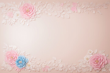 Beautiful pastel paper flowers in the form of a frame on a pink background