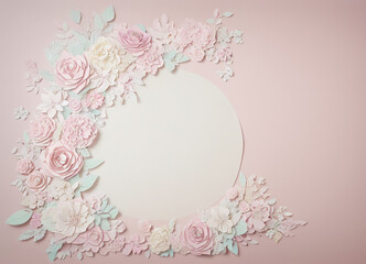 Fototapeta na wymiar Vintage frame made of paper flowers on pink background with copy space.