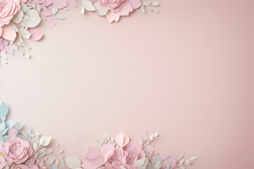 Paper flowers on pastel pink background with copy space. Flat lay, top view