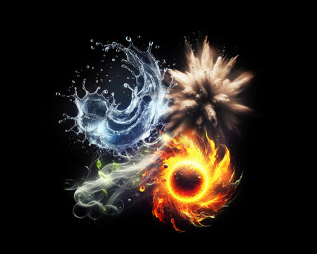 Earth, water, air, fire. Four elements of nature. 4 elements. Isolated black background. Glowing elements on a black background. 