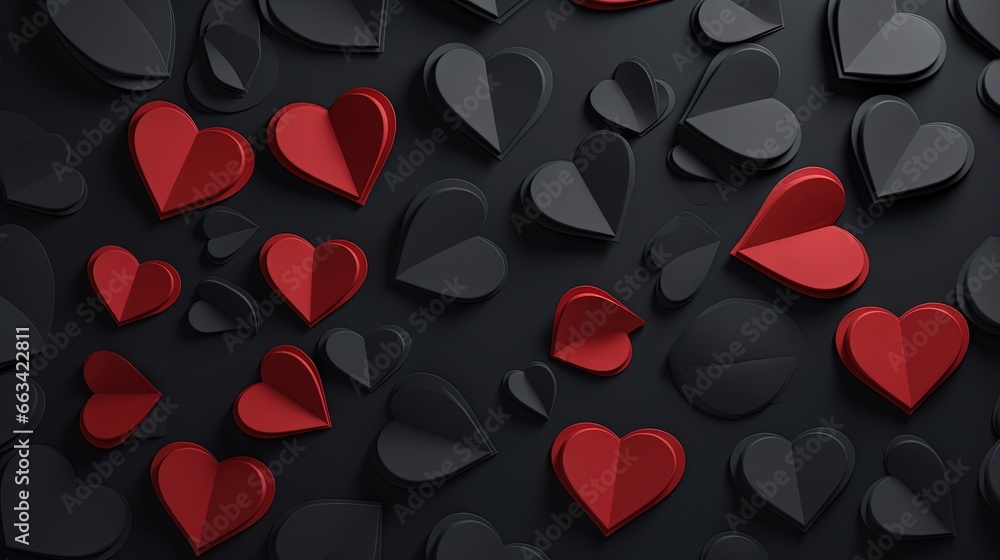 Poster a bunch of hearts that are on a black surface with red and black hearts in the middle of the image a