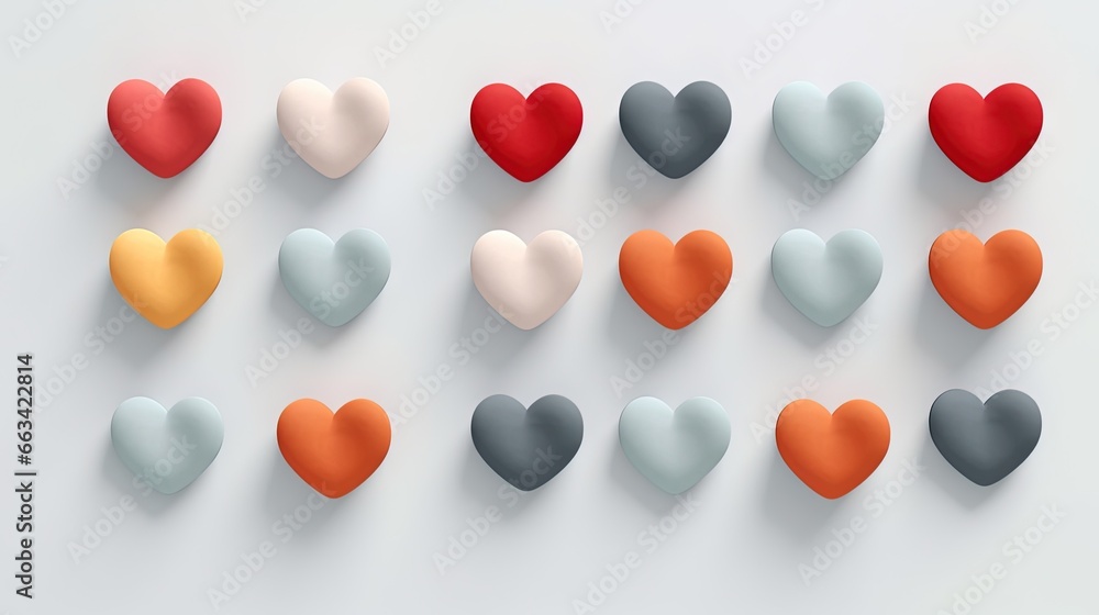 Poster a bunch of hearts that are on a white surface with a shadow effect on the wall behind them, all in d