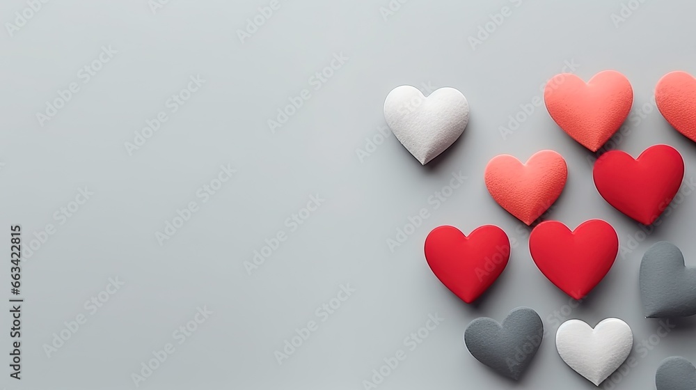 Poster a group of hearts sitting on top of a gray surface with red and white hearts in the middle of the im