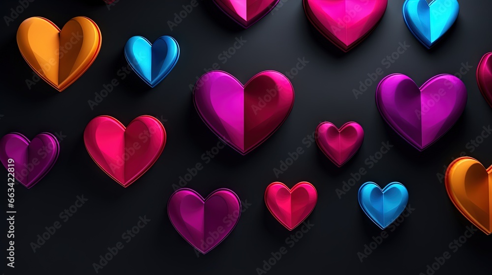 Poster a bunch of different colored hearts on a black background with a black background and a red one in t