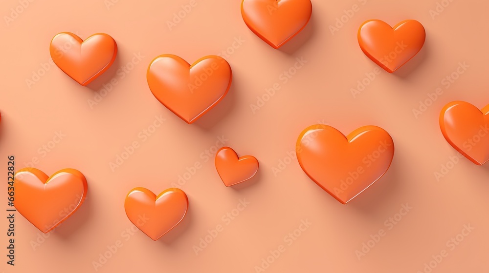Poster a group of orange hearts on a pink background with a shadow of them in the middle of the image and a