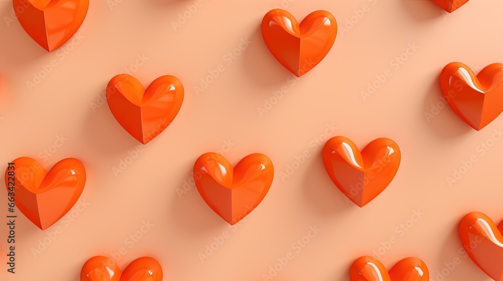 Poster a group of orange hearts arranged on a pink background with a shadow of a heart in the middle of the